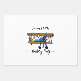 Boys birthday party with blue and yellow biplane inpakpapier vel