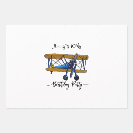 Boys birthday party with blue and yellow biplane inpakpapier vel (Voorkant)