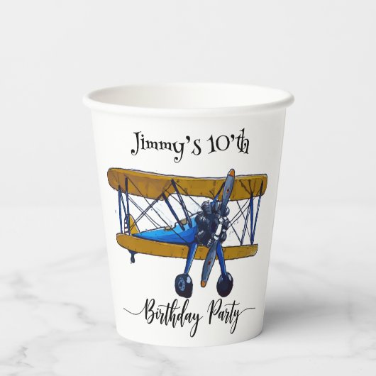 Boys birthday party with blue and yellow biplane papieren bekers (Achterkant)