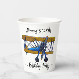 Boys birthday party with blue and yellow biplane papieren bekers