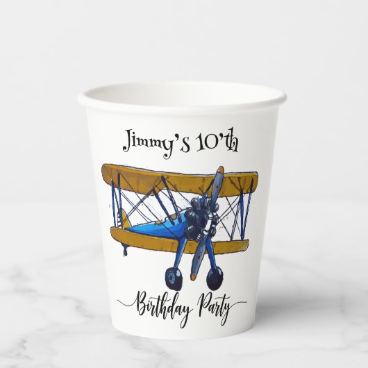 Boys birthday party with blue and yellow biplane papieren bekers (Voorkant)