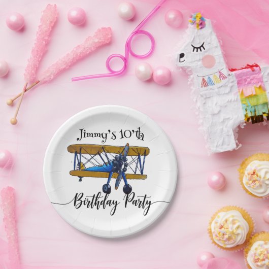 Boys birthday party with blue and yellow biplane papieren bordje (Feest)