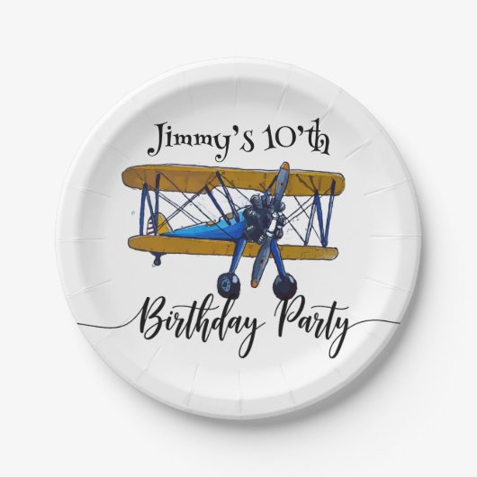 Boys birthday party with blue and yellow biplane papieren bordje (Voorkant)