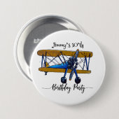 Boys birthday party with blue and yellow biplane ronde button 7,6 cm (Voorkant /achterkant)