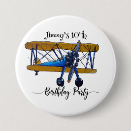 Boys birthday party with blue and yellow biplane ronde button 7,6 cm