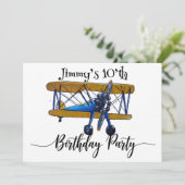 Boys birthday party with blue and yellow biplane save the date (Staand voorkant)
