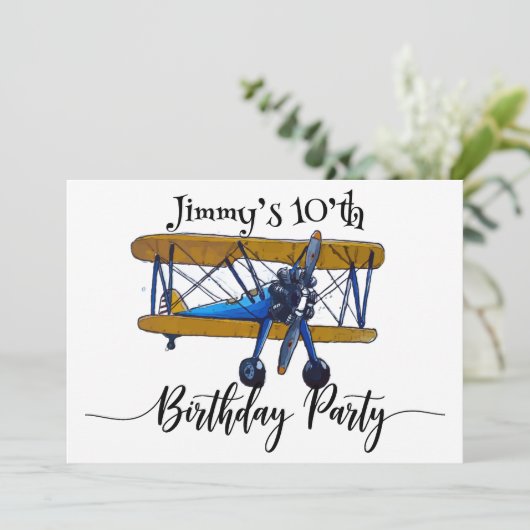 Boys birthday party with blue and yellow biplane save the date (Staand voorkant)