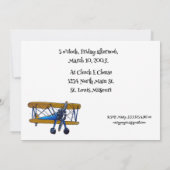 Boys birthday party with blue and yellow biplane save the date (Achterkant)