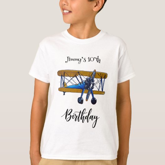 Boys birthday party with blue and yellow biplane t-shirt (Voorkant)