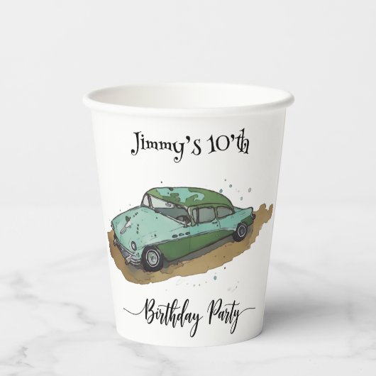 Boys birthday party with two toned sedan papieren bekers (Achterkant)