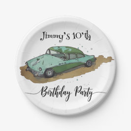 Boys birthday party with two toned sedan papieren bordje