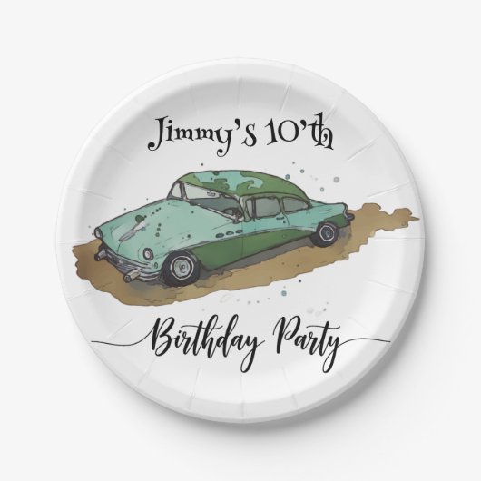 Boys birthday party with two toned sedan papieren bordje (Voorkant)