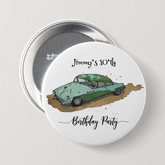 Boys birthday party with two toned sedan ronde button 7,6 cm (Voorkant /achterkant)