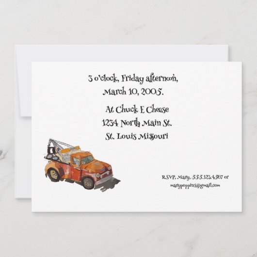 Boys Birthday Party with Wrecker Kaart (Achterkant)
