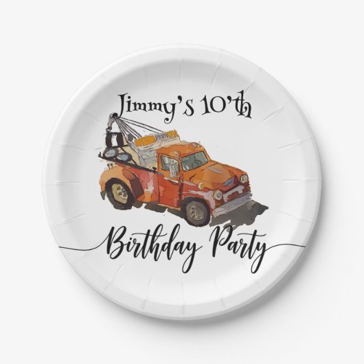 Boys birthday party with wrecker papieren bordje (Voorkant)