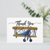 Boys birthday party with yellow and blue biplane bedankkaart (Staand voorkant)