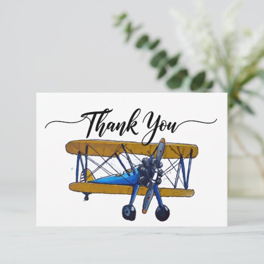 Boys birthday party with yellow and blue biplane bedankkaart (Staand voorkant)