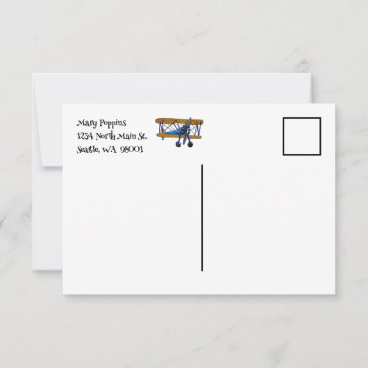 Boys birthday party with yellow and blue biplane bedankkaart (Achterkant)