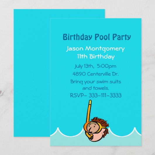 Boys Birthday Pool Party Invitation Kaart (Voorkant / Achterkant)