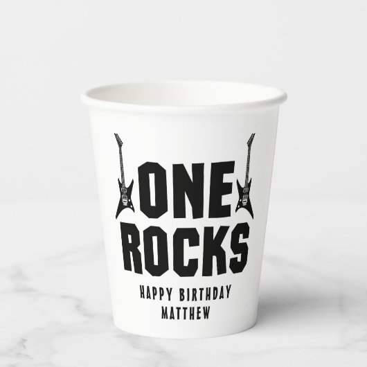 Boy's Black and White One Rocks 1e verjaardag Papieren Bekers (Achterkant)