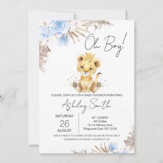 Boys Blue Boho Floral Lion Baby shower Kaart (Voorkant)