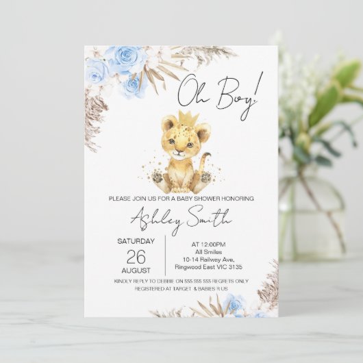 Boys Blue Boho Floral Lion Baby shower Kaart (Staand voorkant)