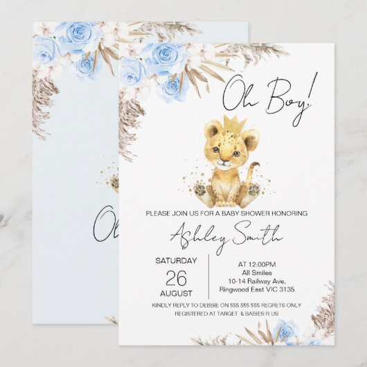 Boys Blue Boho Floral Lion Baby shower Kaart (Voorkant / Achterkant)