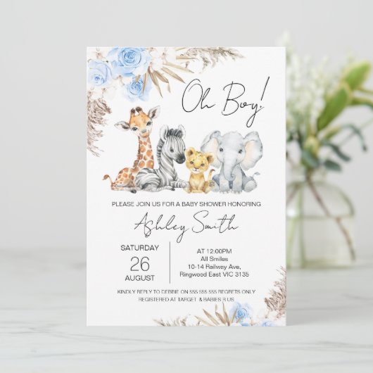 Boys Blue Boho Floral Safari Baby shower Kaart (Staand voorkant)