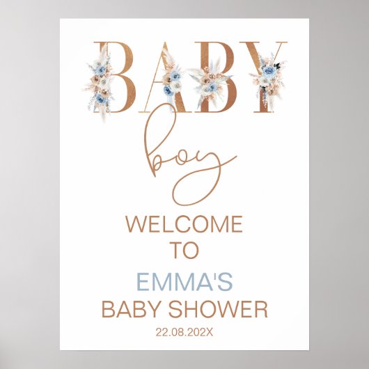 Boys Blue Boho Floral Word Baby shower Welkom Poster (Voorkant)