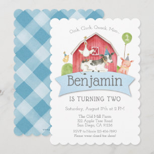 Boys Blue Check Boerderij Birthday Party Invitatio Kaart