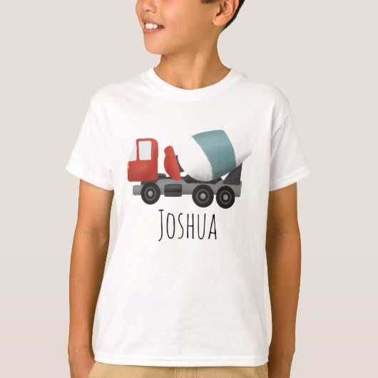 Boys Blue Construction Cement Mixer en naam T-shirt (Voorkant)