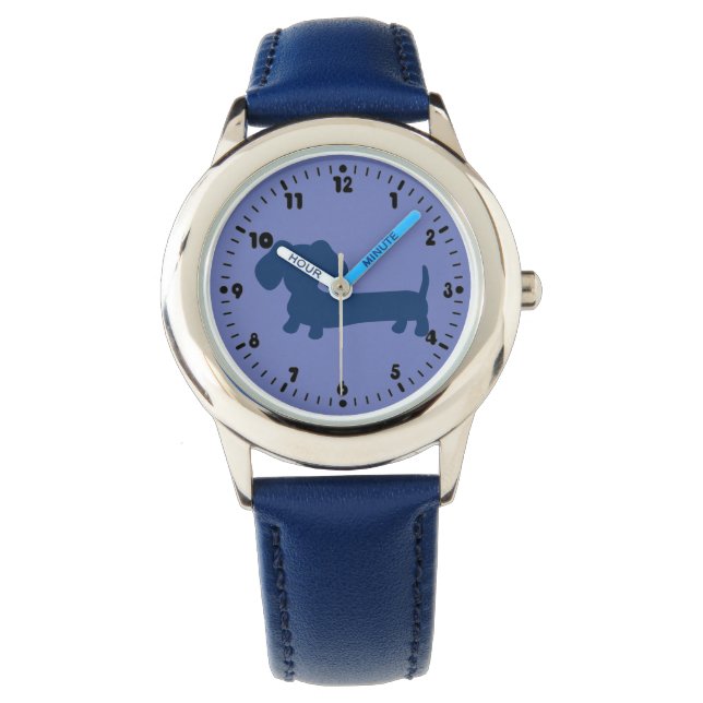 Boys Blue Dachshund Leather Wiener Dog Horloge (Voorkant)