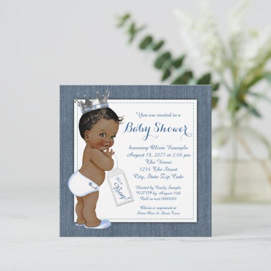 Boys Blue Denim Afro-Amerikaans Baby shower Kaart (Staand voorkant)