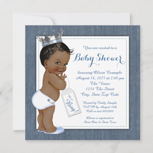 Boys Blue Denim Afro-Amerikaans Baby shower Kaart (Voorkant)