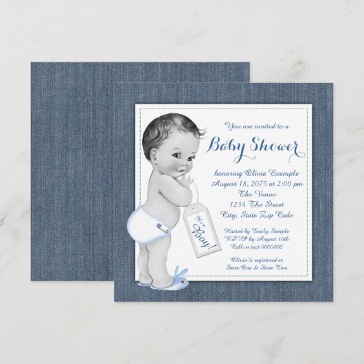 Boys Blue Denim Baby shower Kaart (Voorkant / Achterkant)