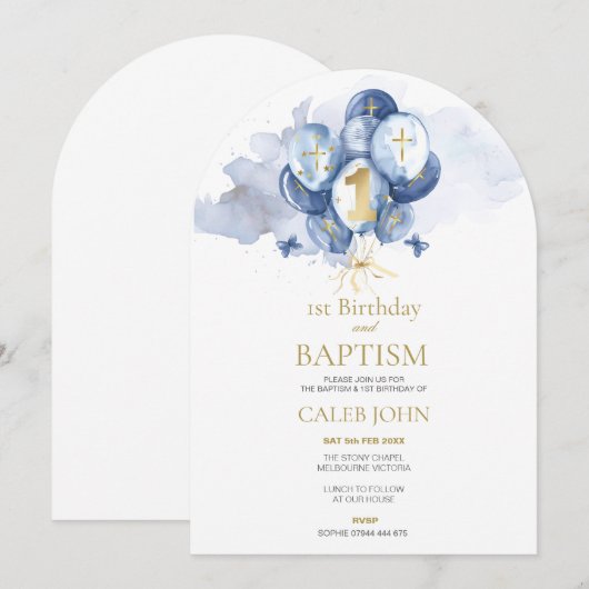 Boys Blue Doop & 1e Verjaardag Gebogen Uitnodiging (Voorkant / Achterkant)