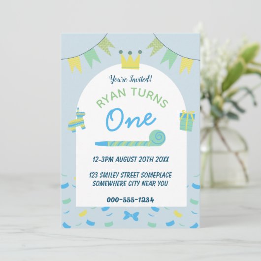 Boys Blue Eerste 1e Verjaardagsfeest Uitnodiging (Staand voorkant)