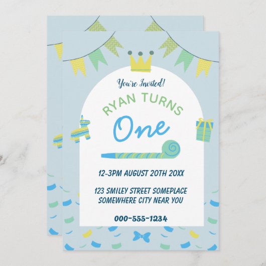 Boys Blue Eerste 1e Verjaardagsfeest Uitnodiging (Voorkant / Achterkant)