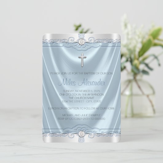 Boys Blue en Silver Baptism Christening Kaart (Staand voorkant)
