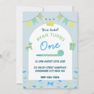 Boys Blue First 1st Birthday Party Invitation Kaart