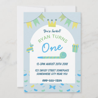 Boys Blue First 1st Birthday Party Invitation Kaart