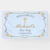 Boys Blue Floral 1st Heilige Communauteit Welkom Spandoek (Horizontaal)