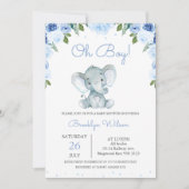 Boy's Blue Floral Elephant Baby shower Kaart (Voorkant)