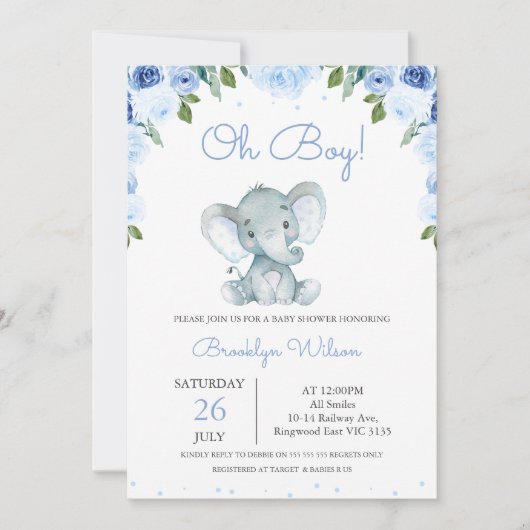 Boy's Blue Floral Elephant Baby shower Kaart (Voorkant)