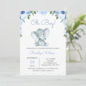 Boy's Blue Floral Elephant Baby shower Kaart (Staand voorkant)