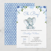Boy's Blue Floral Elephant Baby shower Kaart (Voorkant / Achterkant)