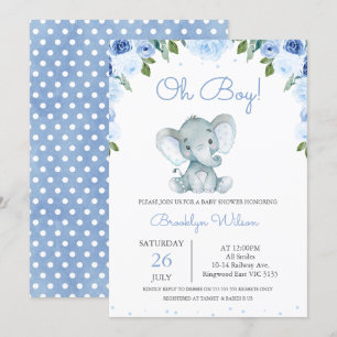 Boy's Blue Floral Elephant Baby shower Kaart