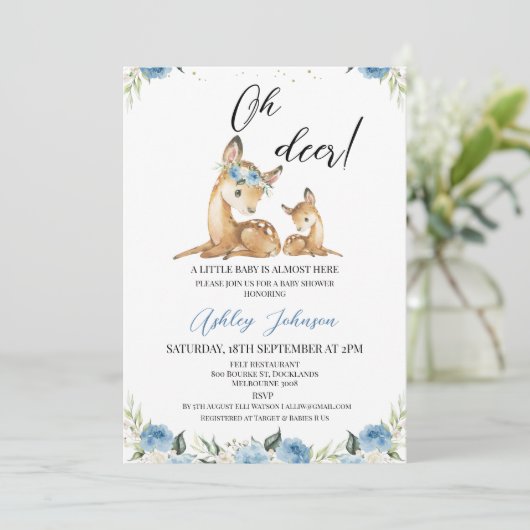 Boys Blue Floral Oh Deer Baby shower Kaart (Staand voorkant)