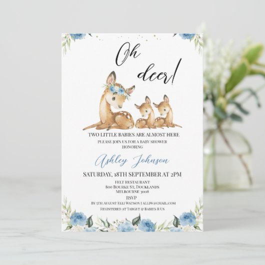 Boys Blue Floral Oh Deer Twins Baby shower Kaart (Staand voorkant)