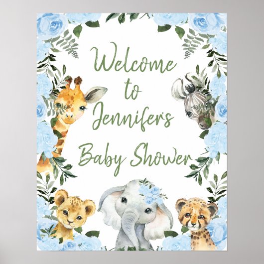 Boys Blue Floral Safari Baby shower Welkom Poster (Voorkant)